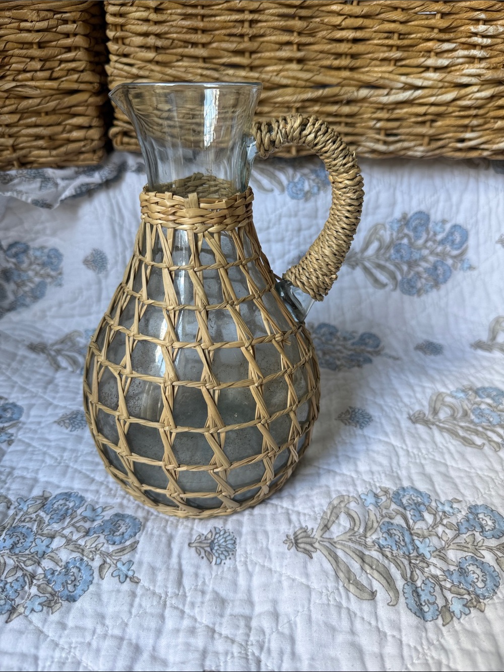 Pottery Barn Natural Rattan-Wrapped Glass Pitcher